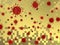 Background with golden pixels and red coronavirus icon