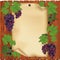 Background with grape and paper on wooden board