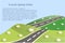 Background with gray highway, green hills, blue sky, white daisy, Lorem ipsum, flat design