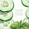 Background with green cucumber and basil