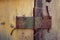 Background with half painted wooden door and old canopy with rusty nails