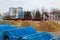 Background of ice rink assembly work in Christmas town. December 16, 2021 Beltsy Moldova.