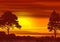 Background with illustration of natural landscape with sunset in the African savannah, with silhouettes of trees in the foreground