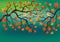 Background with illustration of tree branch with birds. Stylized elements. Digital art.