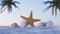 Background image of a close-up of seashells in the sand on a beach with palm trees behind them. 3d