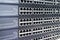 Background image of empty Ethernet switch ports. Server equipment for telecommunications. The concept of connecting to modern