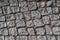 Background image of old cobblestone road backlit with low sunlight, Paving stones texture, Stone pavement with green grass.