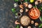 Background with ingredients of Asian cuisine brown rice, shrimp and mushrooms. Top view, copy space
