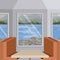 Background interior train with a passenger compartment and blur lake scenary outside