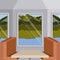 Background interior train with a passenger compartment and landscape scenary outside with lake
