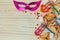 Background for Jewish holiday Purim with mask and hamantaschen cookies