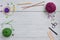 Background with knitting and crocheting tools and accesories for starting a project