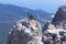 Background landscape hanging rope bridges between the peaks of Mount Ai-Petri