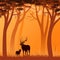 Background with landscape illustration with forest at sunset, with autumnal colors and deer silhouettes in the foreground.