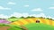 Background of landscape illustration of yellow, green and purple planted fields with blue sky and slowly moving clouds