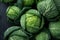 Background with a large cabbage field. Ripe harvest on a farm or greenhouse. The image is generated with the use of an AI.