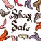 Background with lettering sale shoes. Hand drawn illustration female footwear, boots and stiletto heels