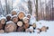 Background of logs in the winter snow stacked in a pile outdoors, felled trees