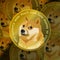 Background lot Dogecoin cryptocurrency symbol. Shiba inu dog muzzle on a coin