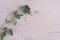 Background made of branch of bloming majoram or oregano plant in the corner of wooden table, copy space. Rural