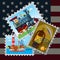 Background mail in America. Stamps with the image of an old steam locomotive, steamer and a kerosene lamp. Stamps on a background
