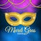 Background for Mardi Gras carnival. Gold glitter text. Luxurious gold glitter mask with sparkles for a masquerade. Golden shine. C