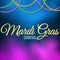 Background for Mardi Gras carnival. Gold glitter text. Welcome to the carnaval. Golden shine. Colorful balls. Violet blue smoke. M
