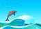 Background with maritime scene with waves and jumping dolphin. Blue sky with flock of seagulls. Illustration in digital art.