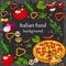 background for a menu italian food with vegetables, seasoning and pizza