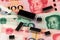 Background with microchips on China Yuan currency banknotes. Industry Crisis Concept.