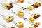 Background of mixed canapes on metal forks. White background