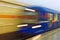 Background of motion blur of speed train in the subway. Underground vehicle dynamic motion.