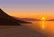 Background with natural landscape with sunset over marine environment. Illustration.