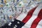 Background of one hundred United states of America US dollars currency with United states flag