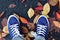 Background Pair of blue canvas shoes with fallen autumn leaves