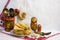 Background with pancakes, wooden utensils with Khokhloma painting, matryoshka, rushnik, sushki for Maslenitsa festival