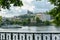 Background panoramic view of the embankment of the Vltava River from the water