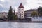 Background panoramic view of the embankment of the Vltava River from the water