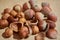 Background of peeled hazelnut kernels and shells and whole nuts