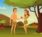 Background picture of Biblical story. Temptation Of Adam. Illustration of first man and woman