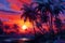 background picture, palm branches, beach, against the background of the setting tropical sun,