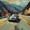 background picture, vintage old car driving on a mountain road,