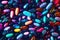 Background with pills and capsules in neon blue and purple colors. Medical drug or dietary supplement concept