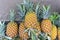 Background pineapple hawaii. Ripe baby pineapple. Tropical fruits. Top view. Free space for text