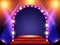 Background with podium and blue and yellow spotlights and arch banner. Design for presentation, concert, show