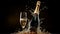 A background of a popping champagne bottle with cork flying and bubbles