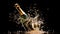 A background of a popping champagne bottle with cork flying and bubbles