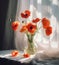 background poppy sunshine floral flower beautiful decoration space bouquet red vase. Generative AI.