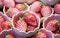 background portioned strawberries in ceramic cups