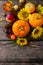 Background. Pumpkins, sunflowers, apples and fallen leaves. Top view flat lay. Copy space